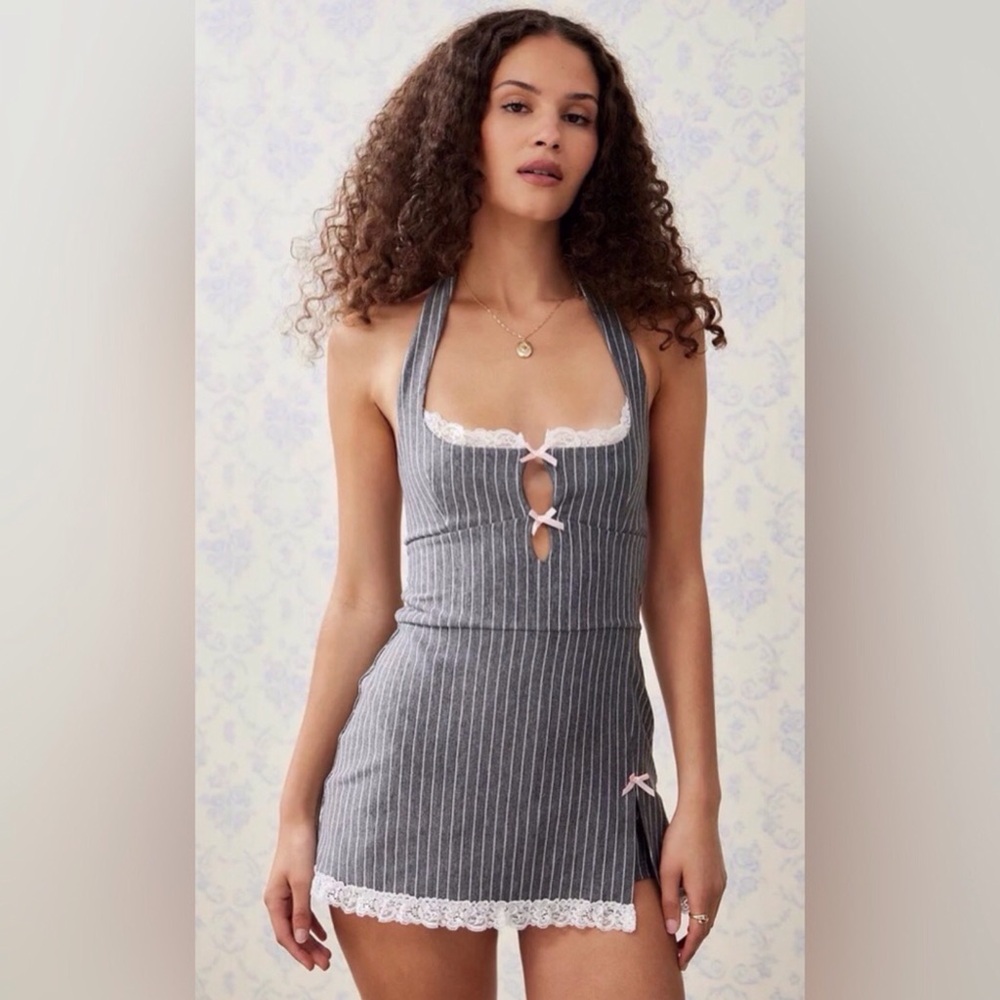 Urban Outfitters Kimchi Blue Striped Gray Romper with Lace XS